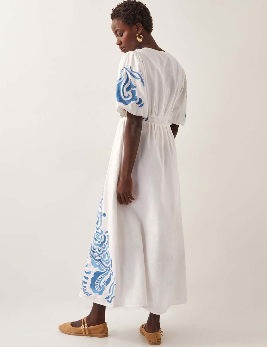 Cotton Rich Embroidered Midi Waisted Dress 2 of 4