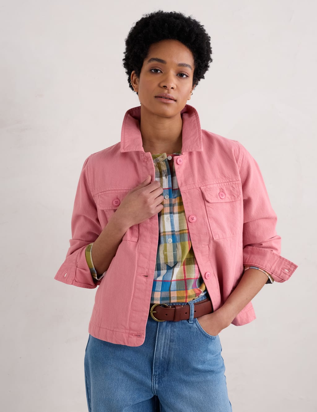 Pink shirt denim jacket deals