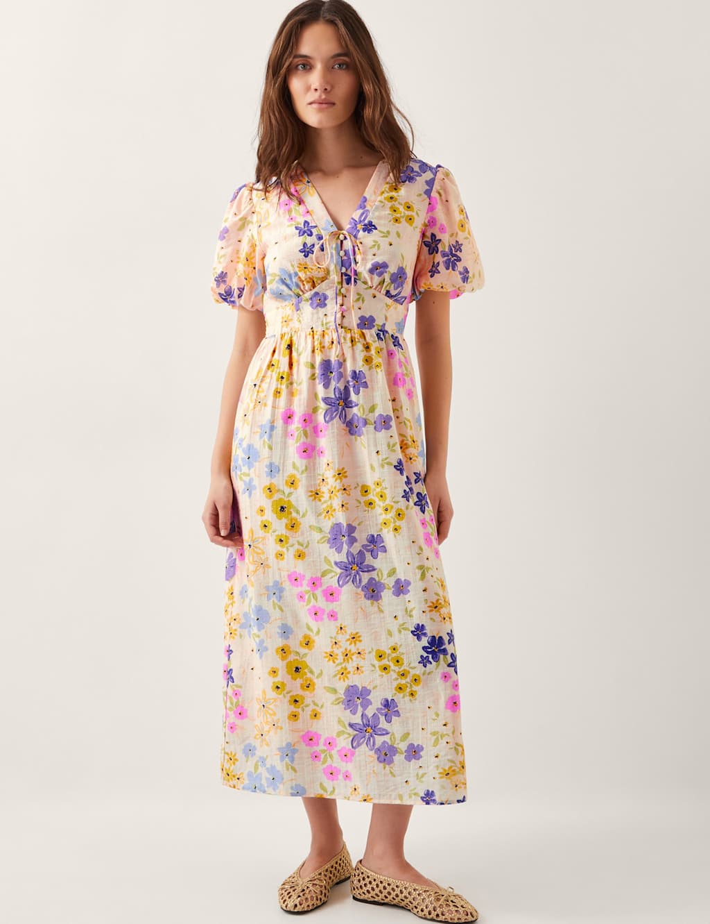 Floral V-Neck Midi Waisted Dress 2 of 5