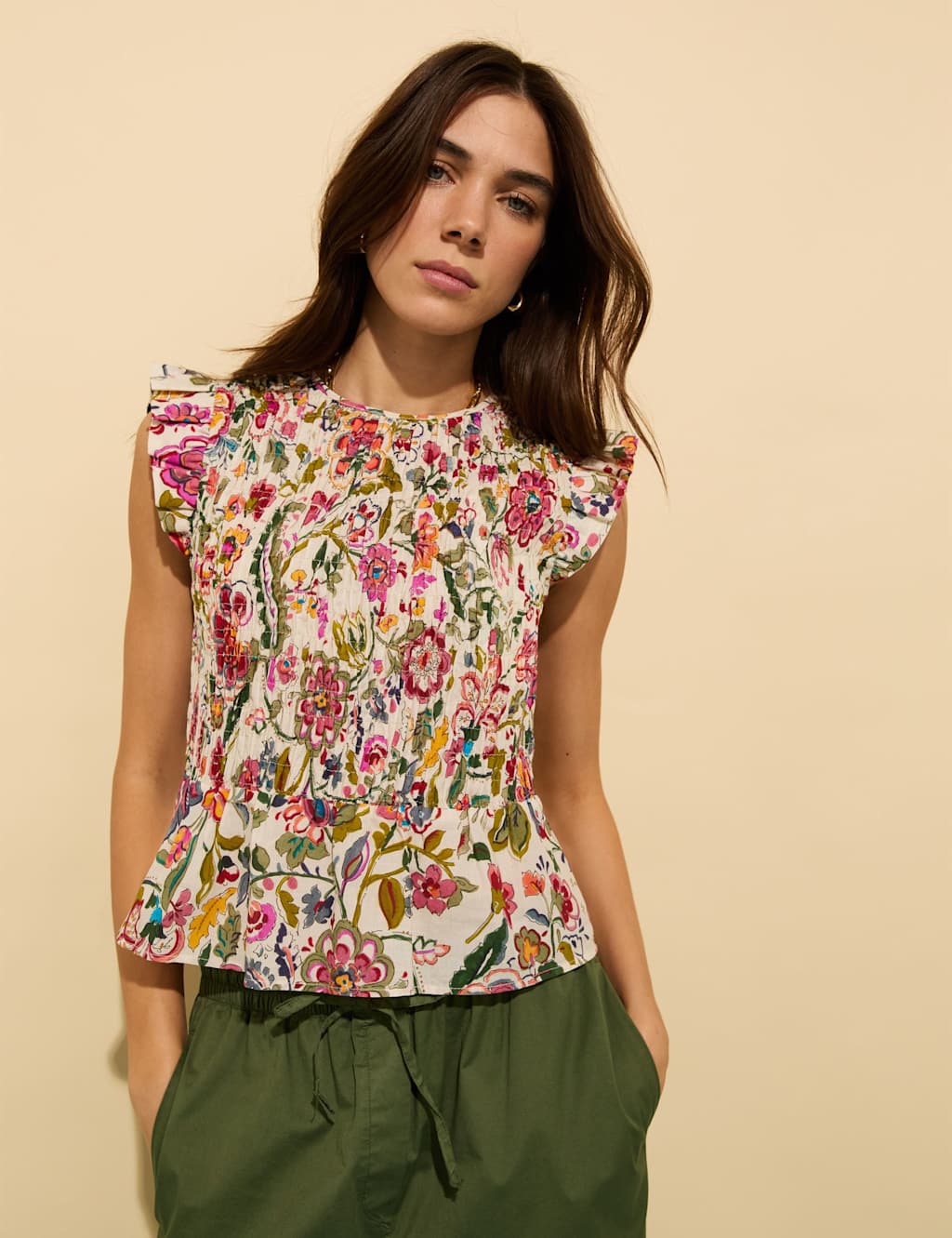 Pure Cotton Floral V-Neck Smocked Blouse 2 of 4