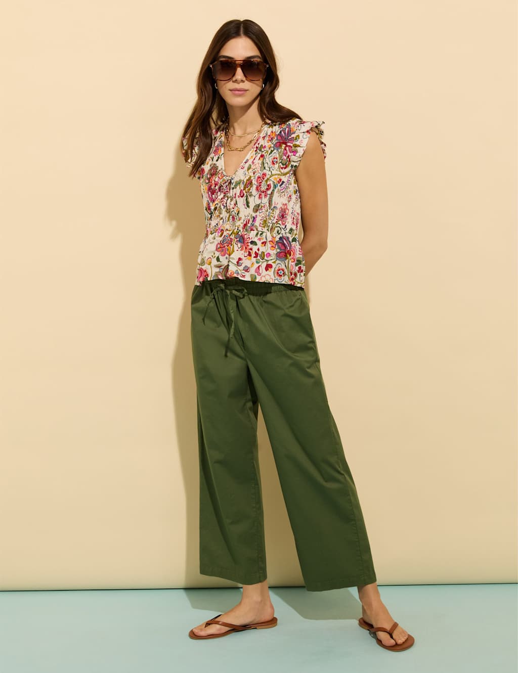 Pure Cotton Floral V-Neck Smocked Blouse 4 of 4