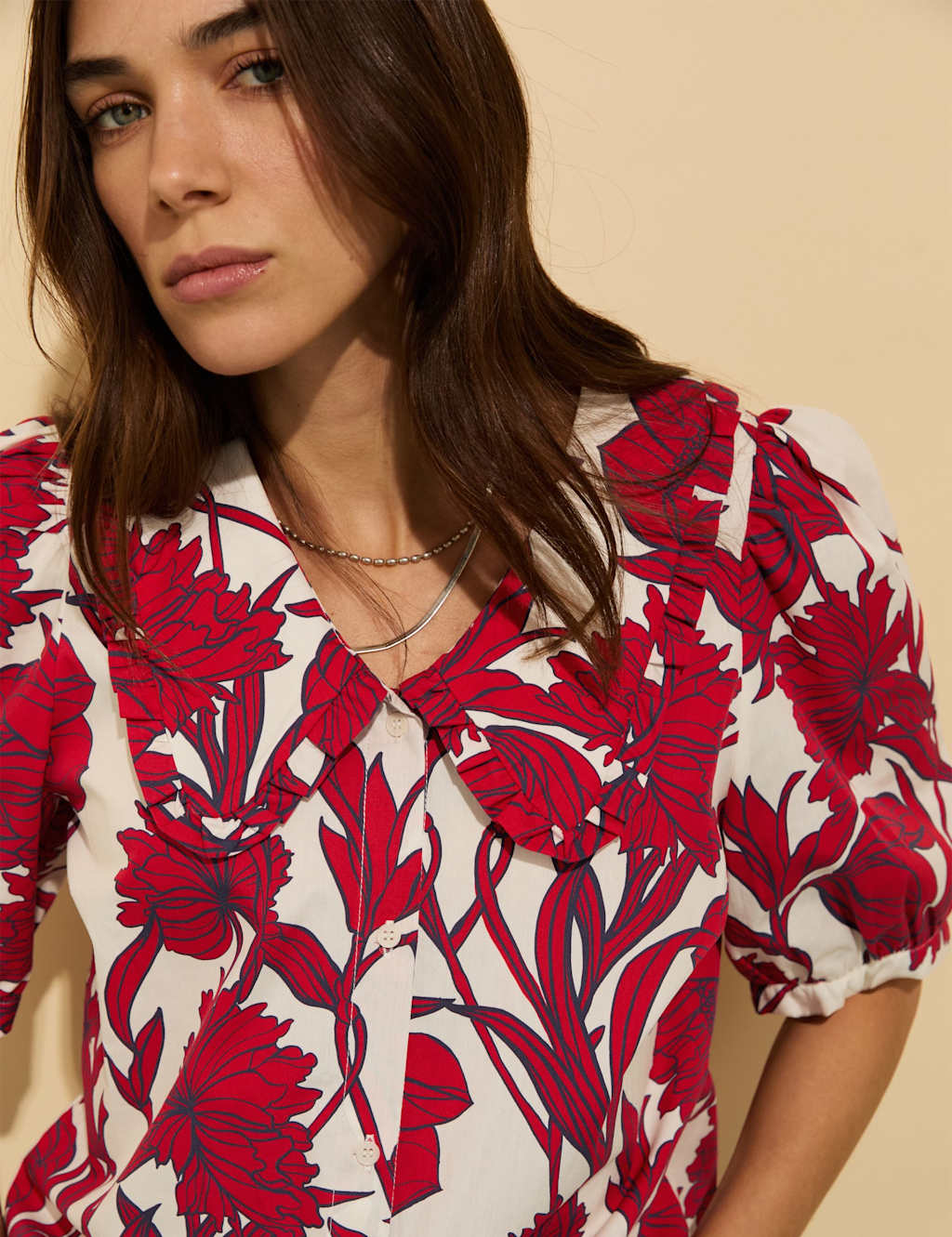 Pure Cotton Floral Collared Puff Sleeve Blouse 2 of 4