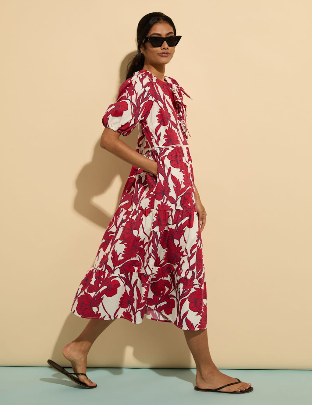 Pure Cotton Floral Tie Detail Midi Dress 3 of 6