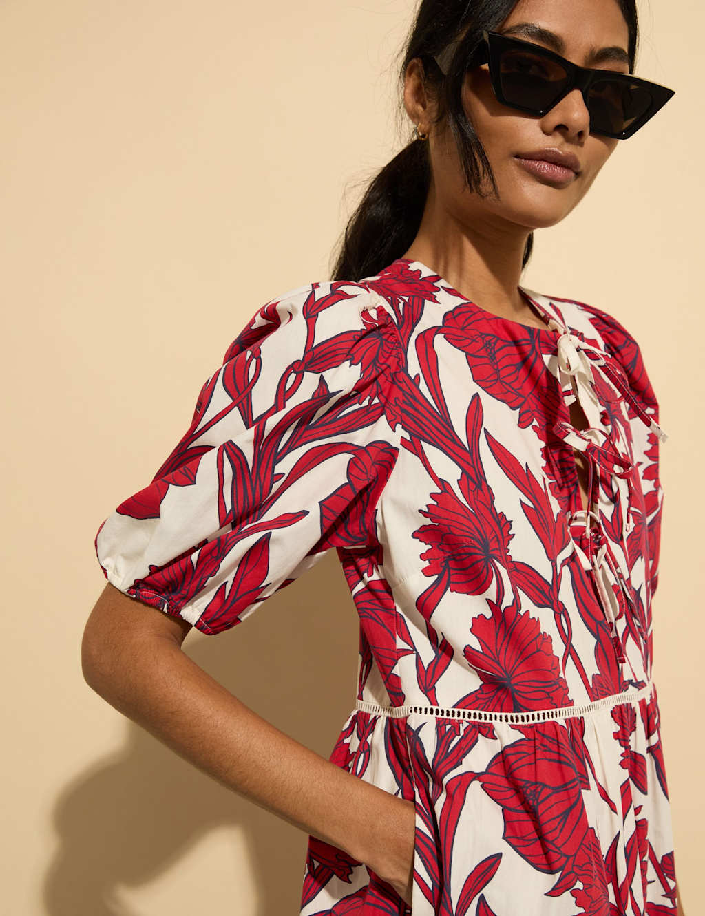 Pure Cotton Floral Tie Detail Midi Dress 6 of 6