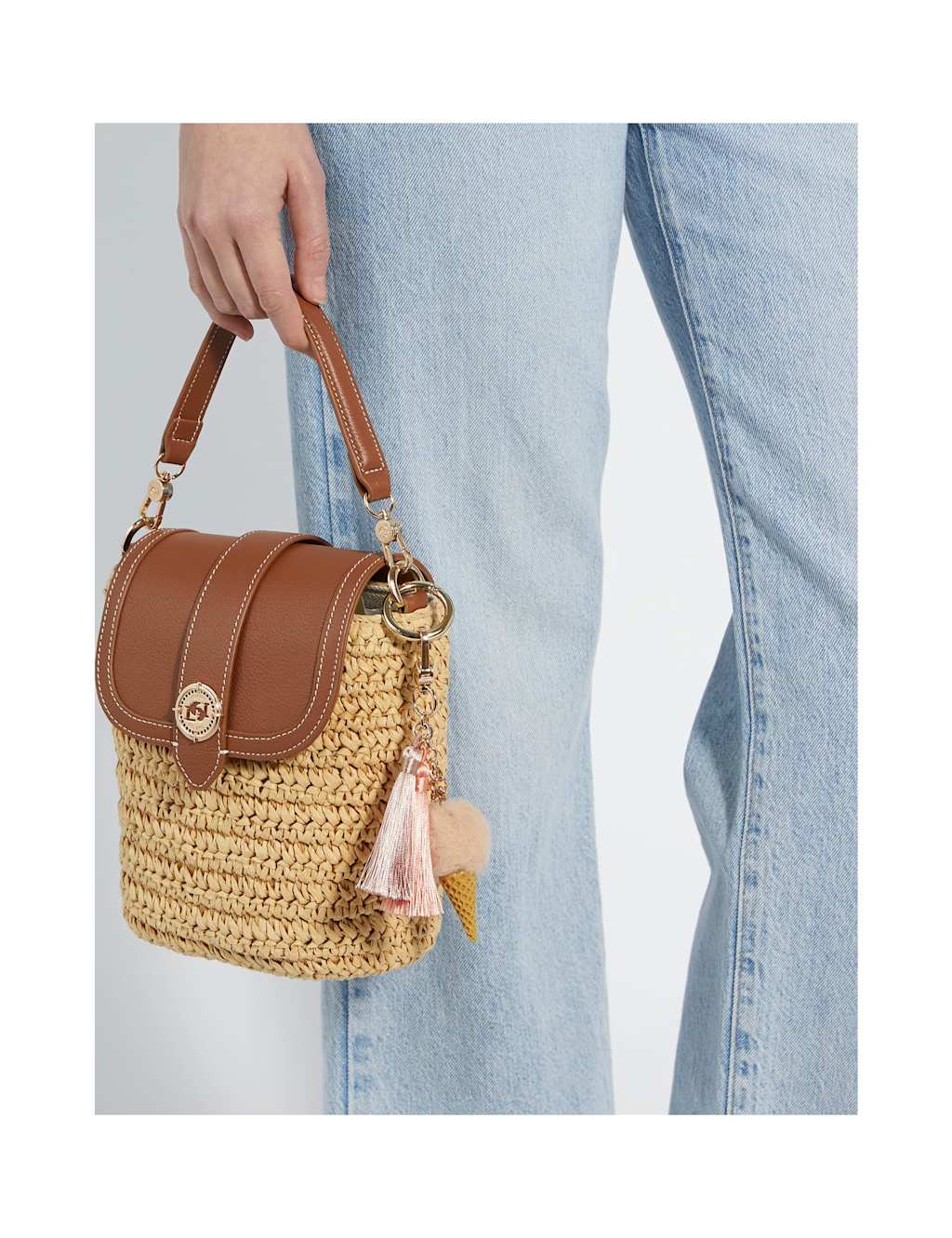 Raffia & Leather Top Handle Cross Body Bag 2 of 6