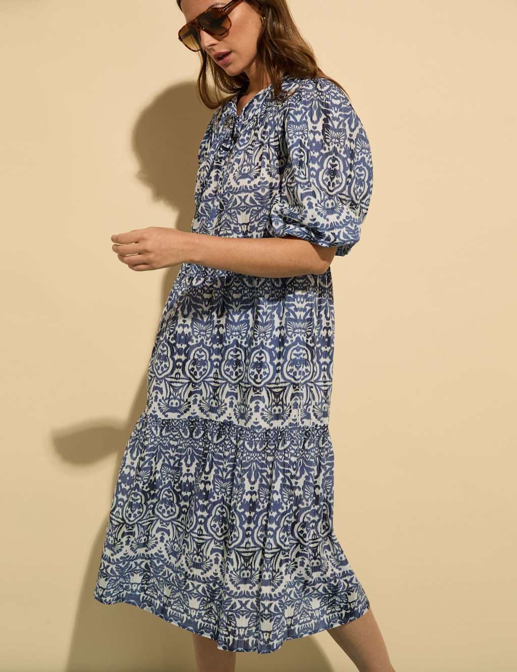 Pure Cotton Geometric Midi Tiered Dress 3 of 7