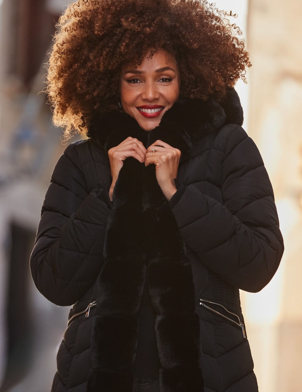 Faux Fur Trim Padded Longline Coat SOSANDAR M S