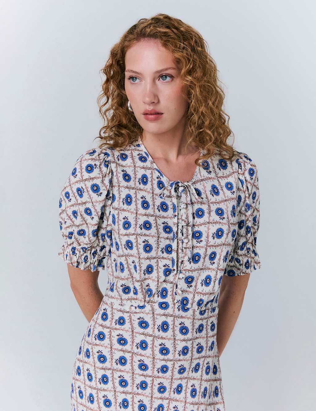 Crepe Floral Tie Neck Midi Smock Dress 5 of 5