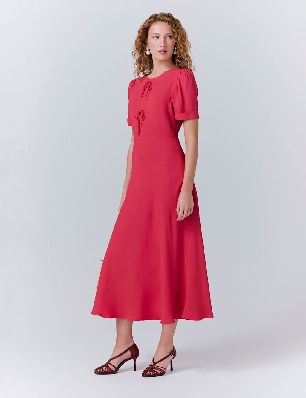 Crepe Bow Detail Puff Sleeve Midi Tea Dress 3 of 5
