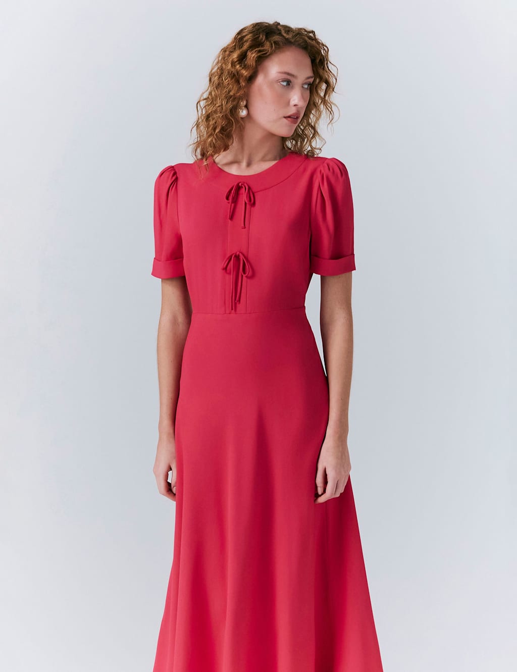 Crepe Bow Detail Puff Sleeve Midi Tea Dress 4 of 5