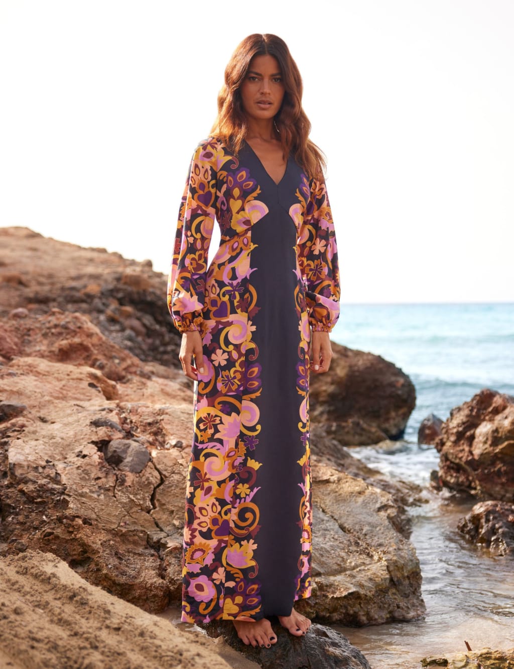 Floral V-Neck Blouson Sleeve Maxi Waisted Dress 2 of 7