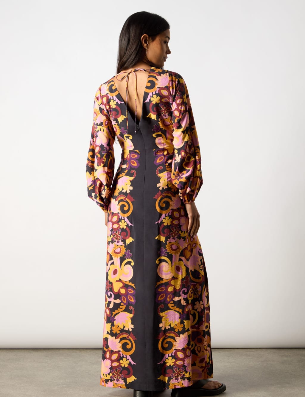 Floral V-Neck Blouson Sleeve Maxi Waisted Dress 3 of 7