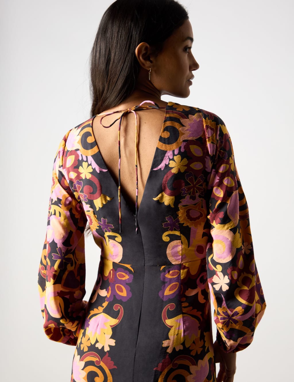 Floral V-Neck Blouson Sleeve Maxi Waisted Dress 6 of 7