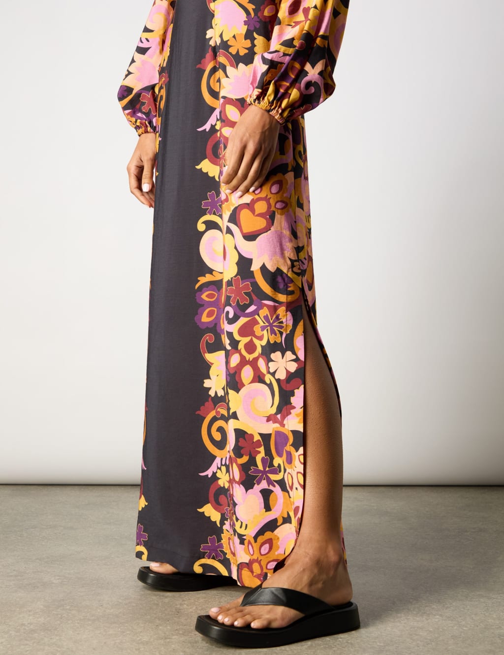 Floral V-Neck Blouson Sleeve Maxi Waisted Dress 7 of 7
