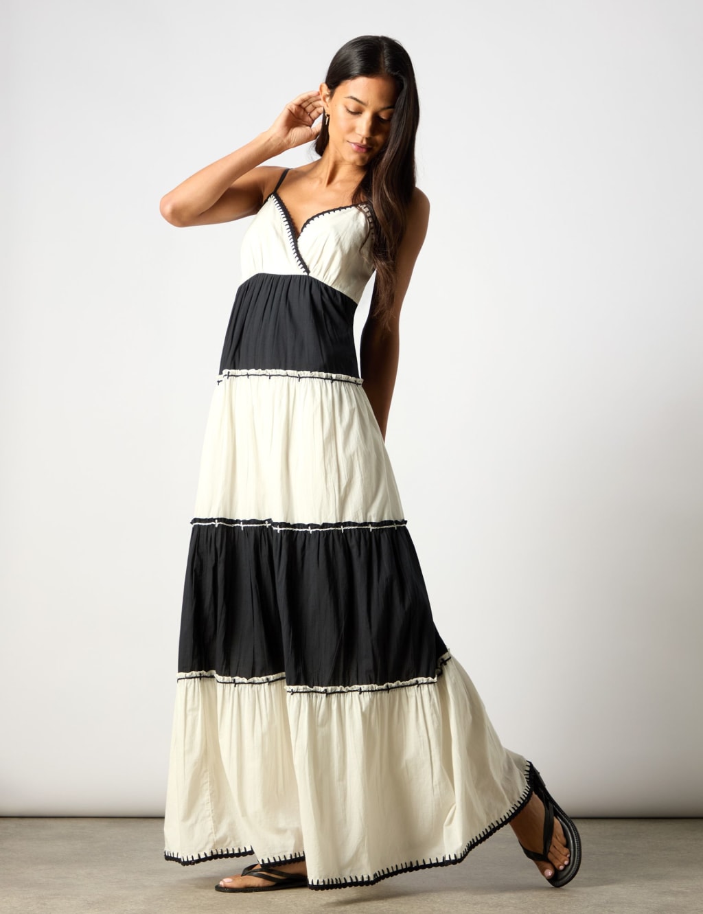 Pure Cotton Colour Block V-Neck Tiered Dress 3 of 7