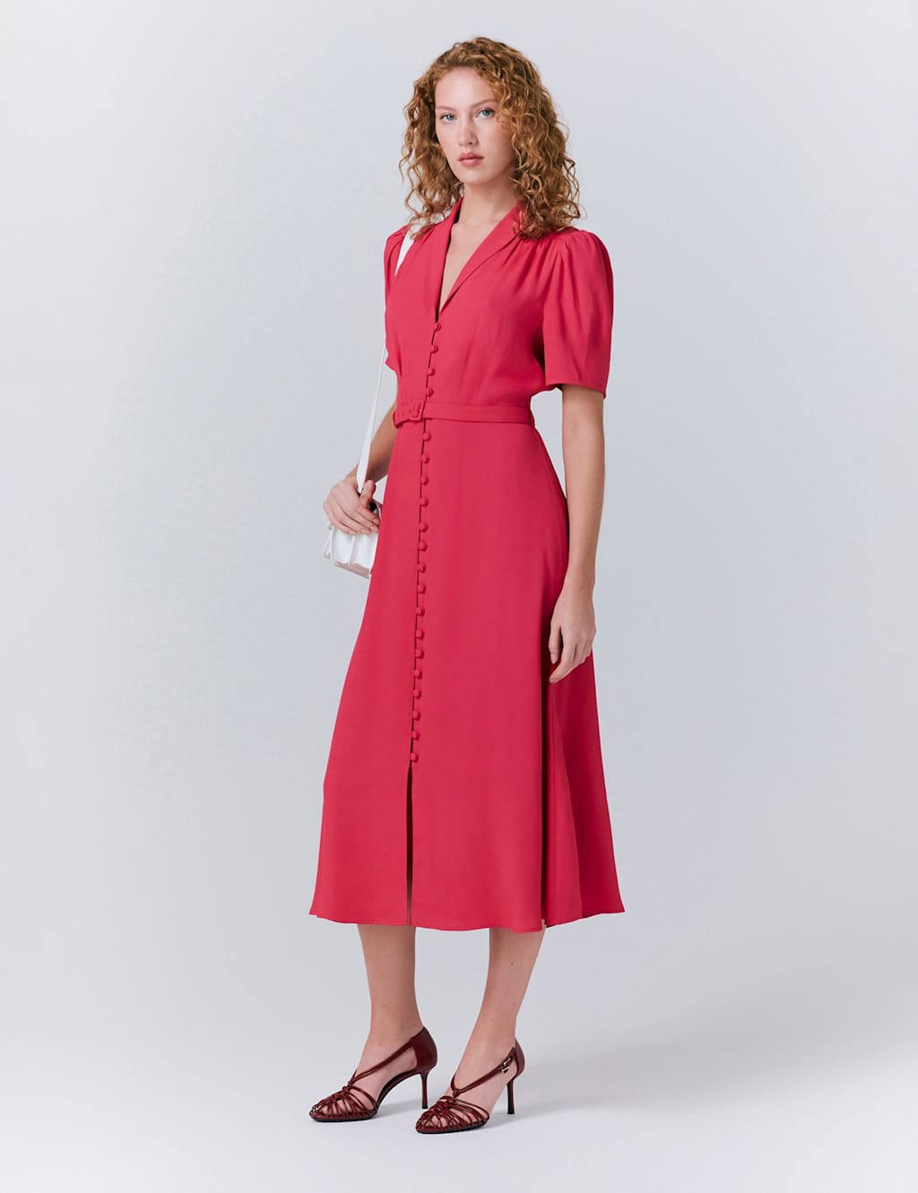 V-Neck Belted Button Through Midi Tea Dress 3 of 5
