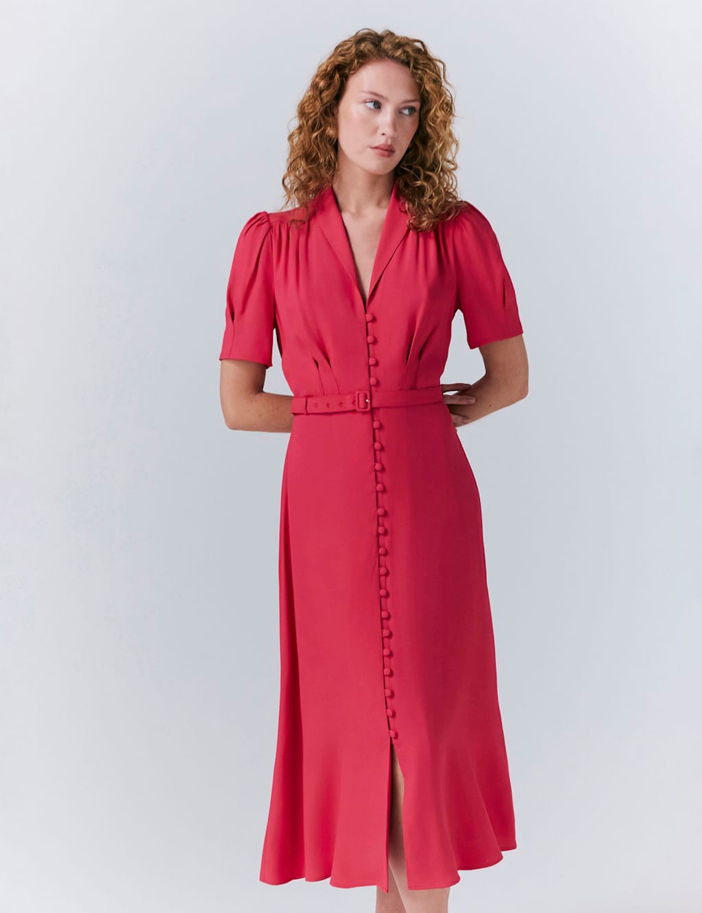 V-Neck Belted Button Through Midi Tea Dress 4 of 5