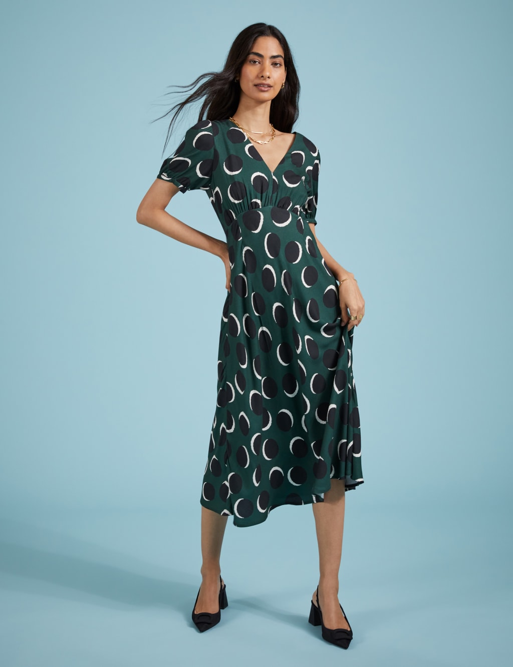 Printed V Neck Midi Tea Dress
