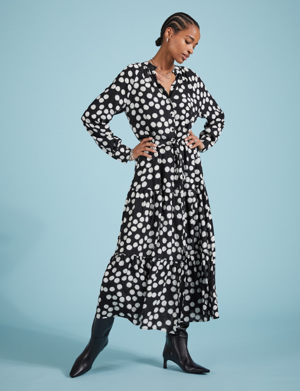 Polka Dot Tie Waist Maxi Tiered Shirt Dress 2 of 5