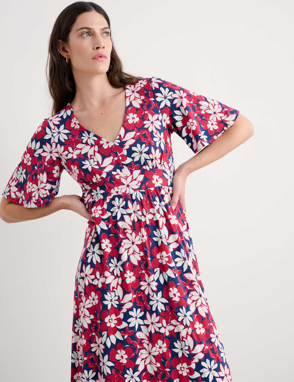 Pure Cotton Floral V-Neck Midaxi Waisted Dress 4 of 5