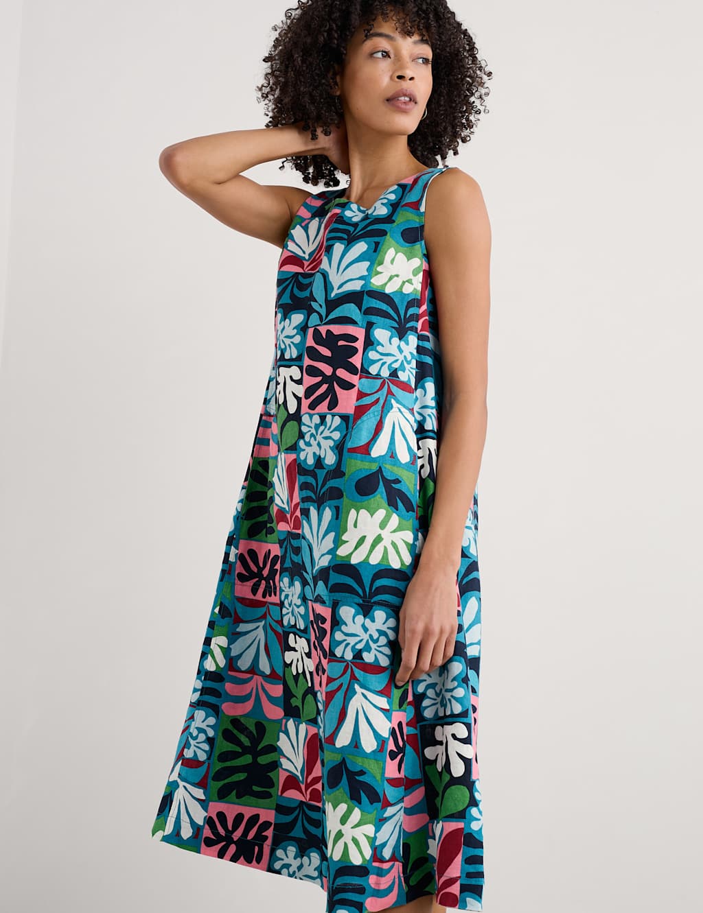 Pure Linen Floral Midi Swing Dress 4 of 5