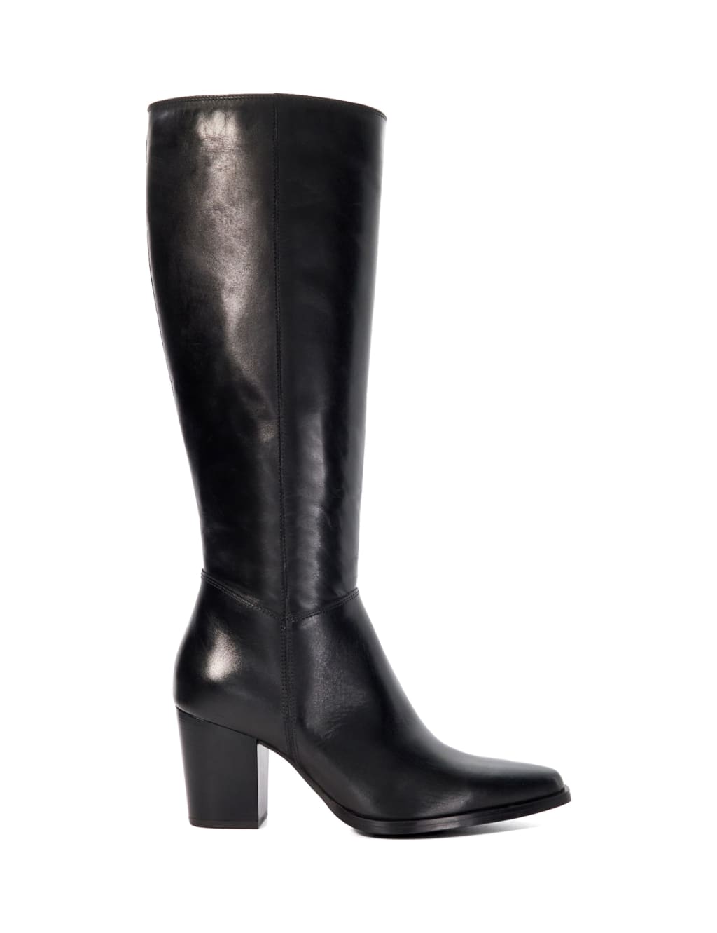Leather Block Heel Pointed Knee High Boots