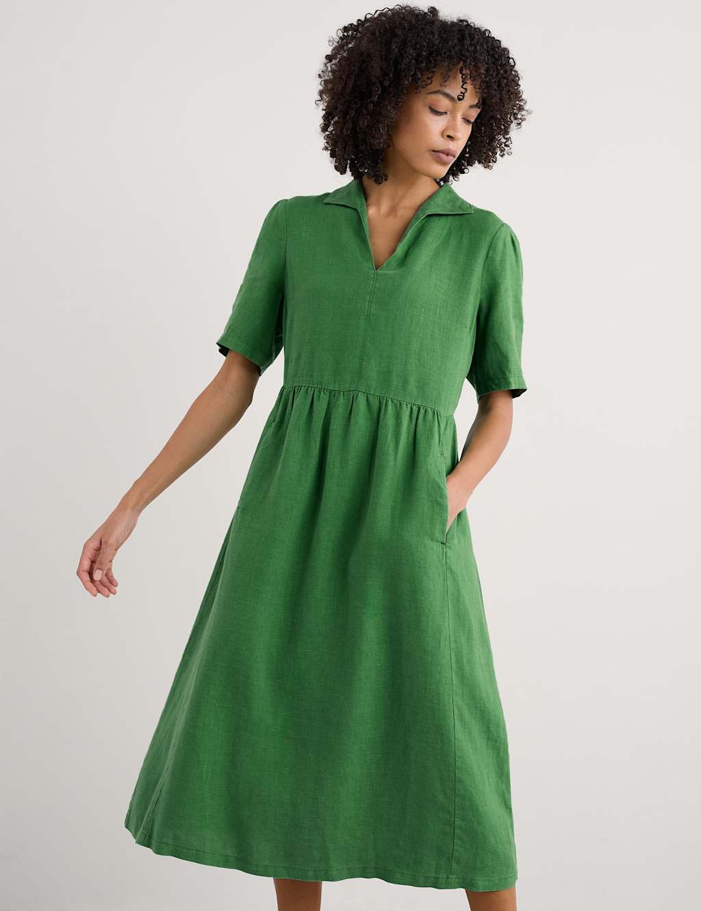Pure Linen Collared Midi Waisted Dress 4 of 5