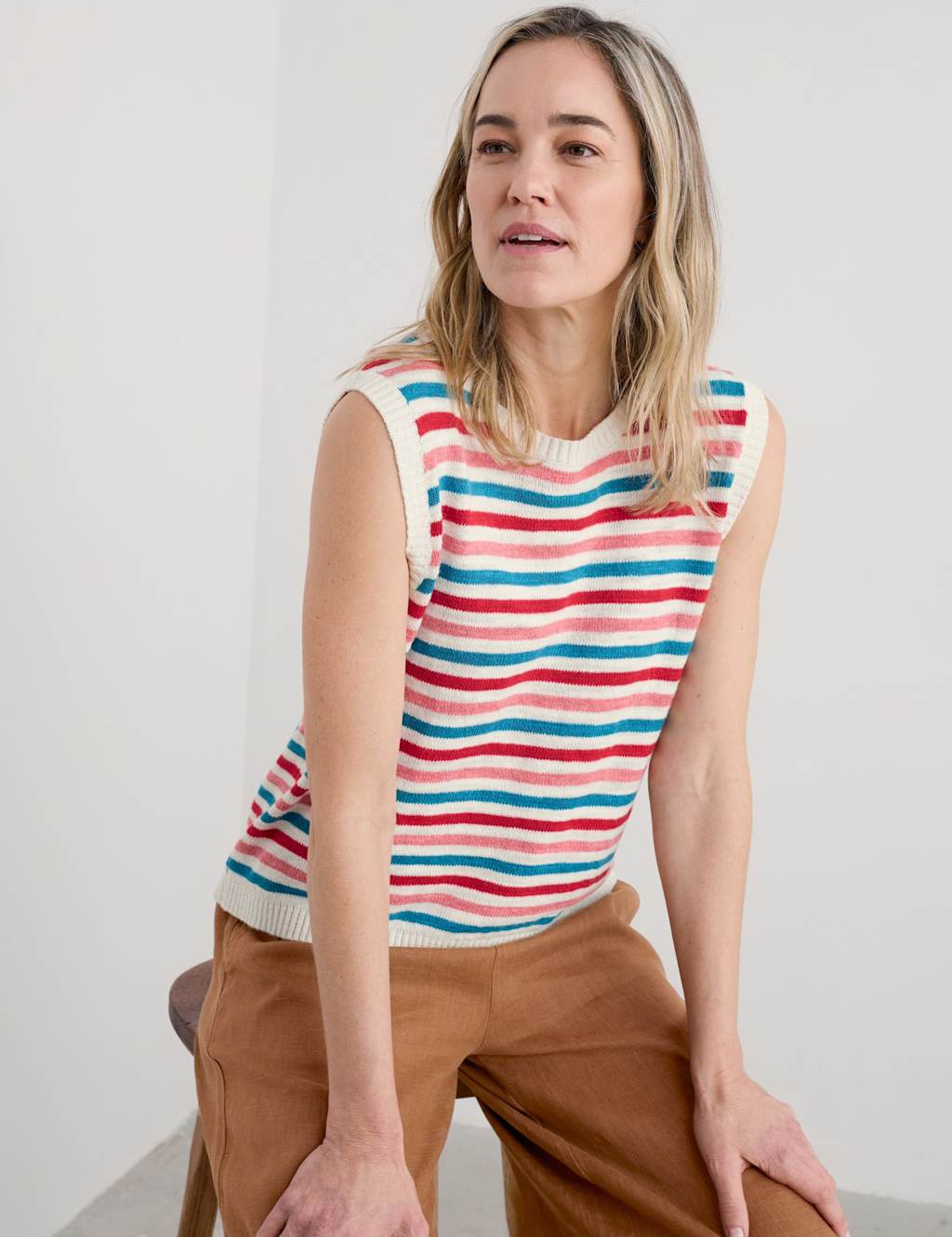 Cotton Rich Striped Knitted Vest with Linen 4 of 5