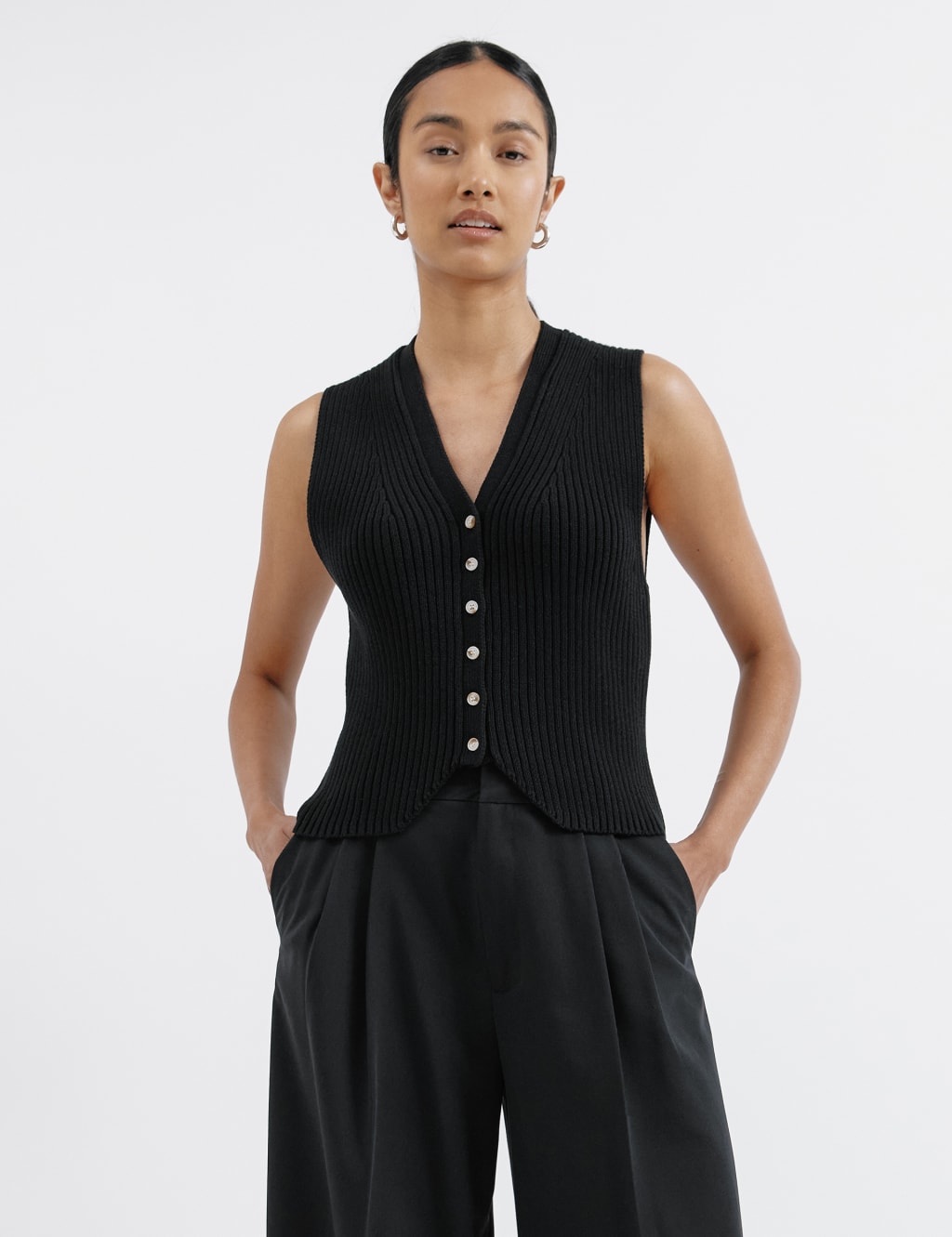 Pure Cotton Ribbed V Neck Knitted Waistcoat Albaray M S
