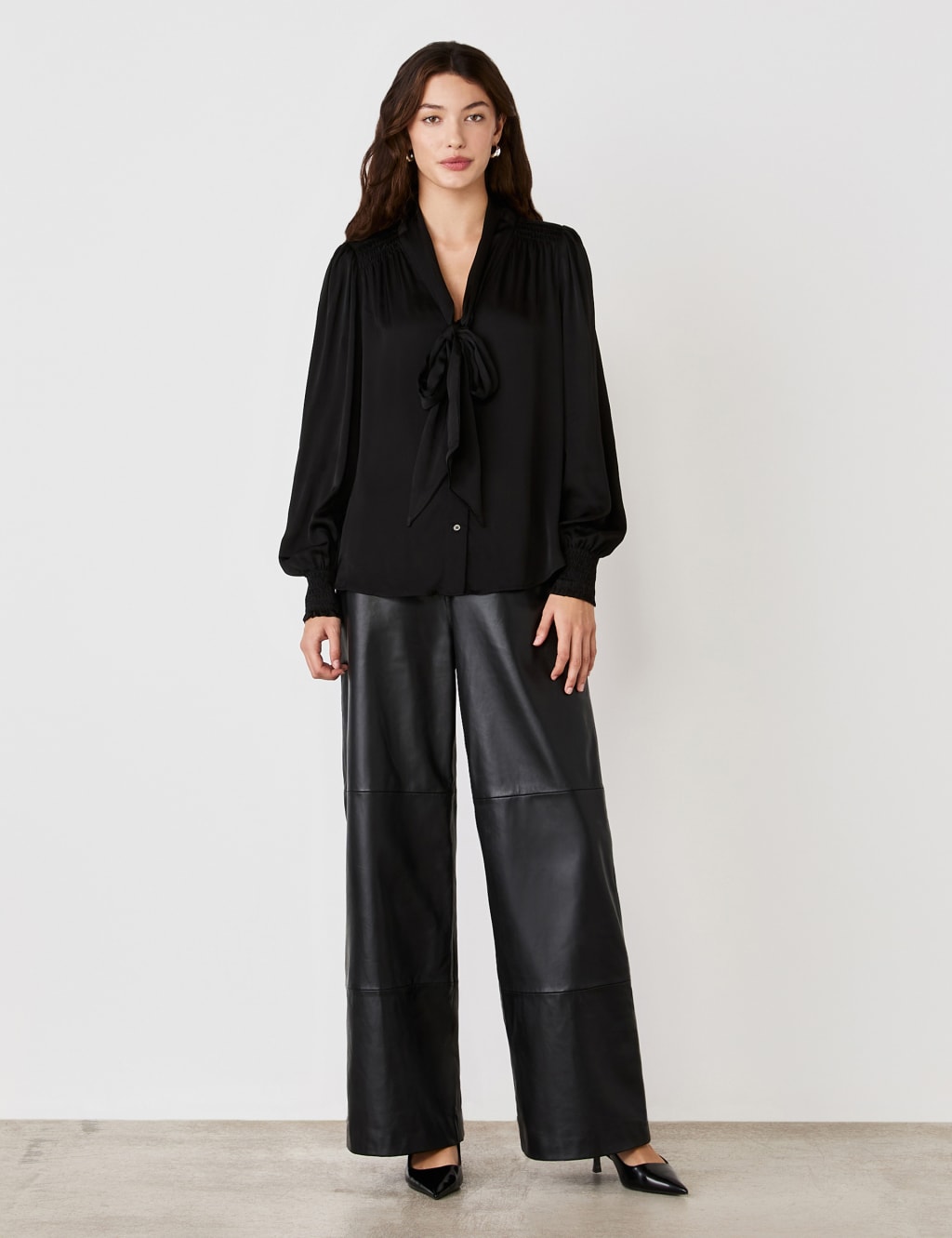 Crepe Tie Neck Blouson Sleeve Blouse