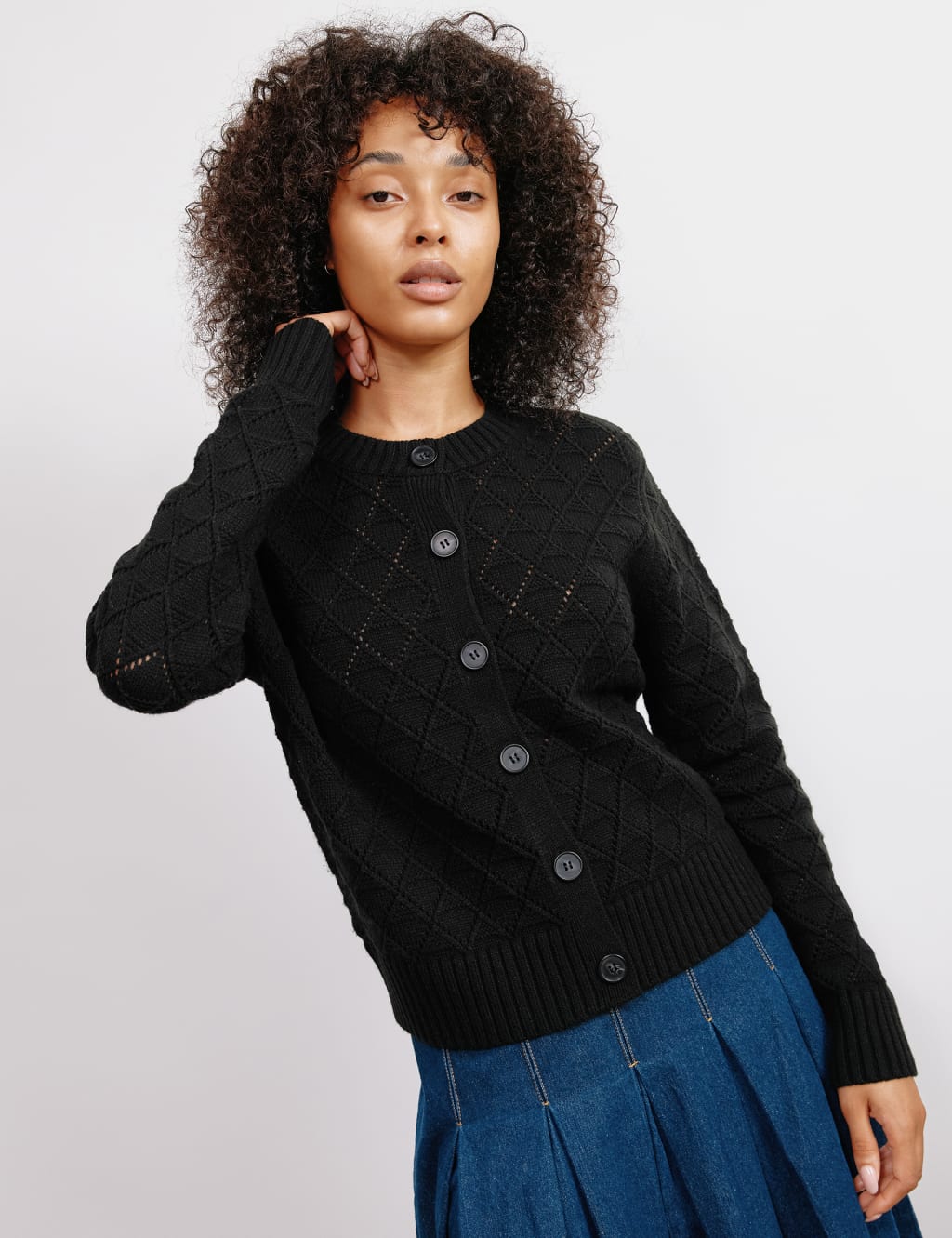 Pointelle Crew Neck Cardigan with Wool Albaray M S