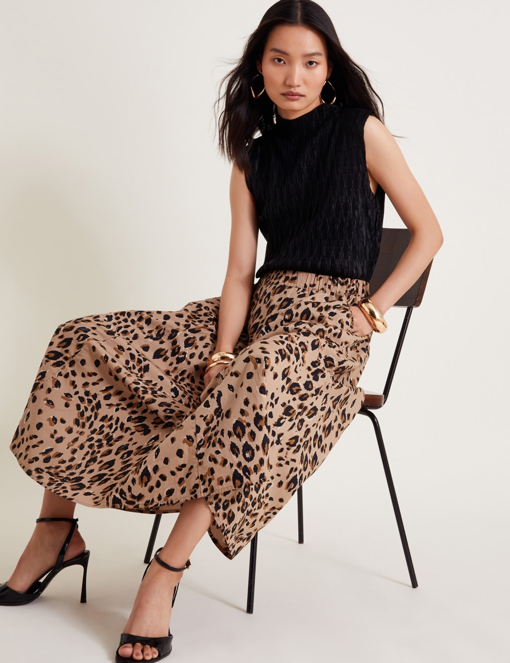 Pure Cotton Animal Print Pleated Midi Skirt