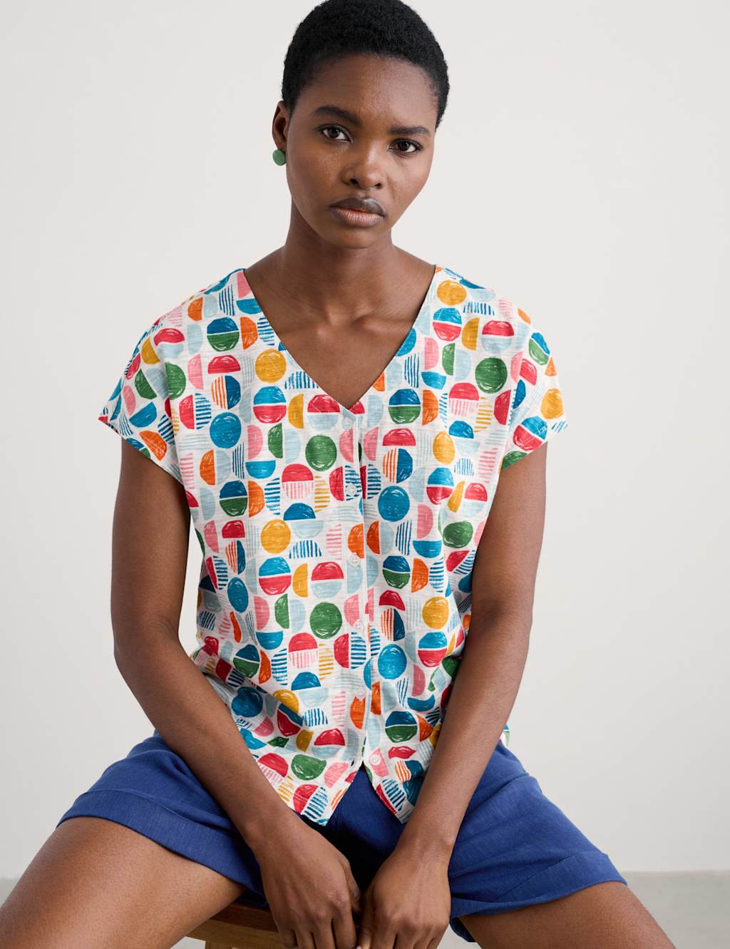 Pure Cotton Geometric V-Neck Relaxed Top 3 of 4