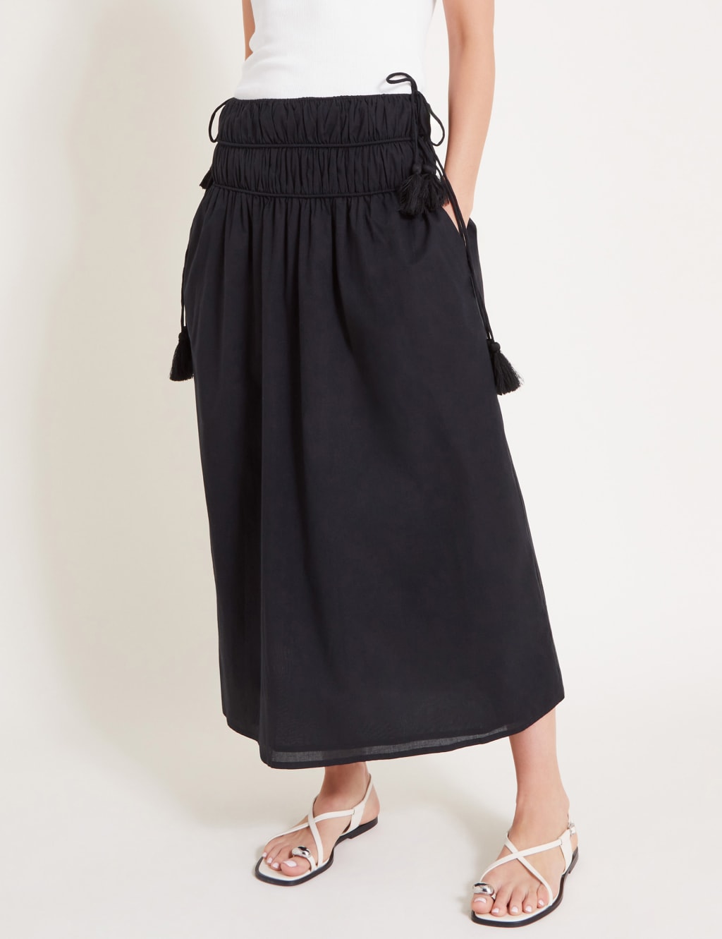 Pure Cotton Pleated Tassel Maxi Skirt