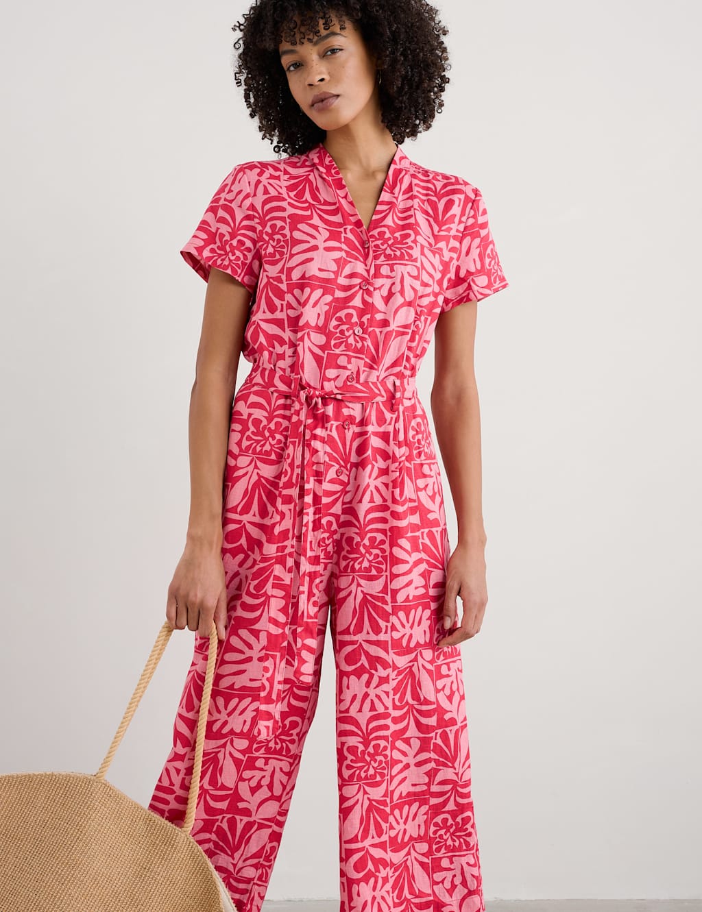 Pure Linen Floral Belted Short Sleeve Jumpsuit 3 of 4