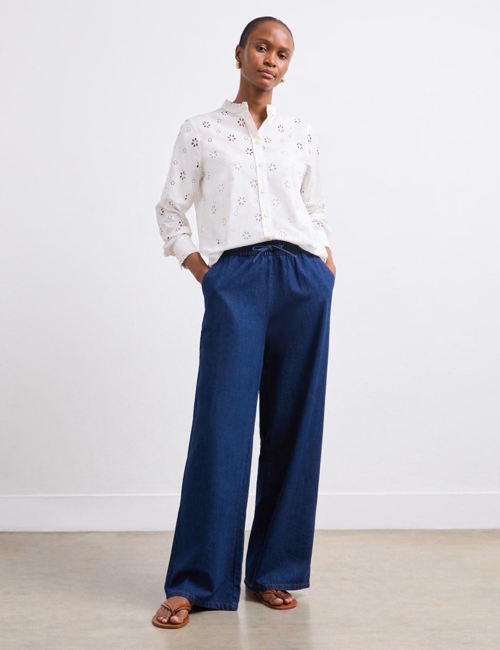 Denim Drawstring Wide Leg Trousers 3 of 5