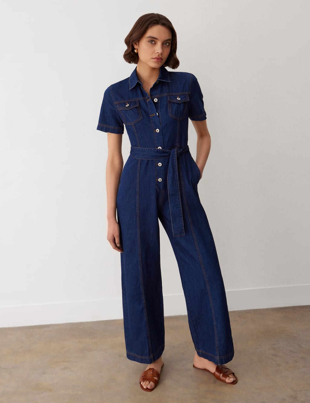Denim Belted Short Sleeve Jumpsuit 2 of 5