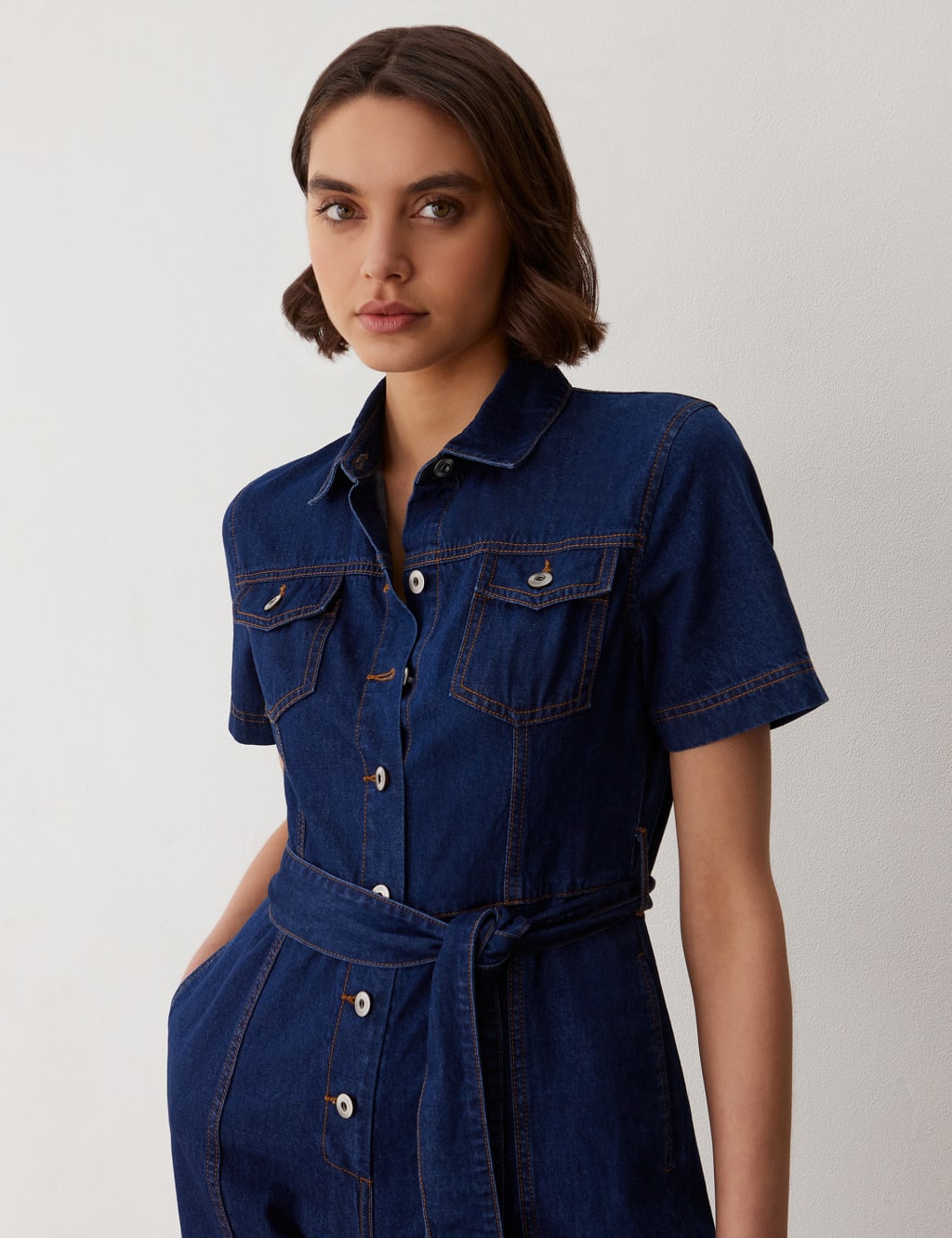 Denim Belted Short Sleeve Jumpsuit 3 of 5