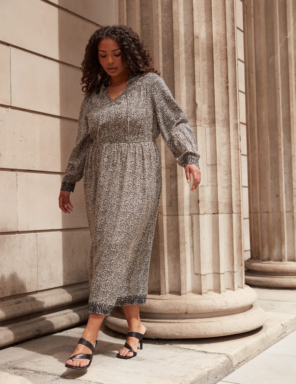 Animal Print V Neck Midaxi Smock Dress
