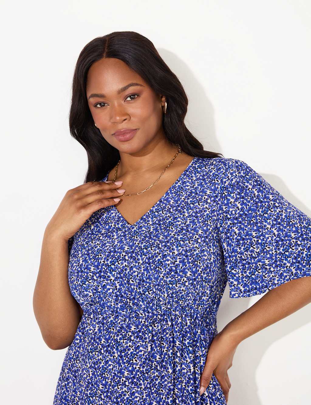 Ditsy Floral V-Neck Midi Waisted Dress 2 of 7