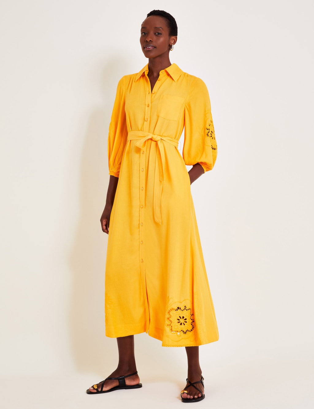 Broderie Midi Shirt Dress with Linen