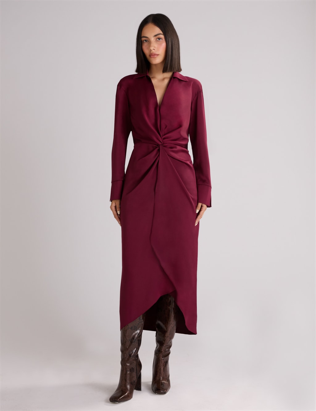 Satin V Neck Twist Front Midi Shirt Dress RO ZO M S