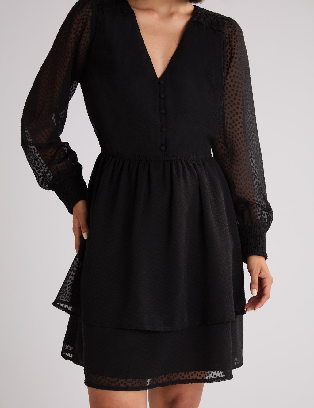 Textured V-Neck Button Front Mini Tea Dress 4 of 4
