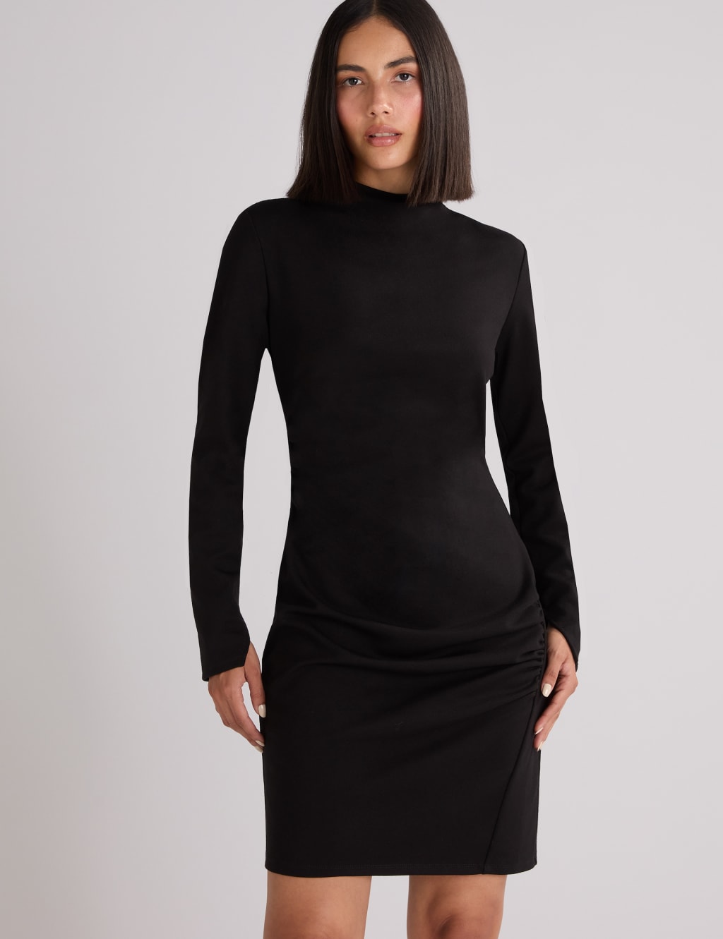 Black high neck ruched detail bodycon dress 2025
