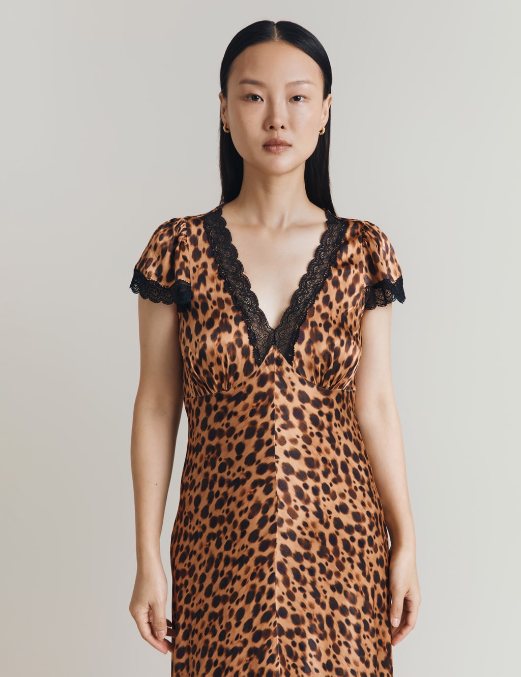 Satin Animal Print V-Neck Midi Skater Dress 2 of 4