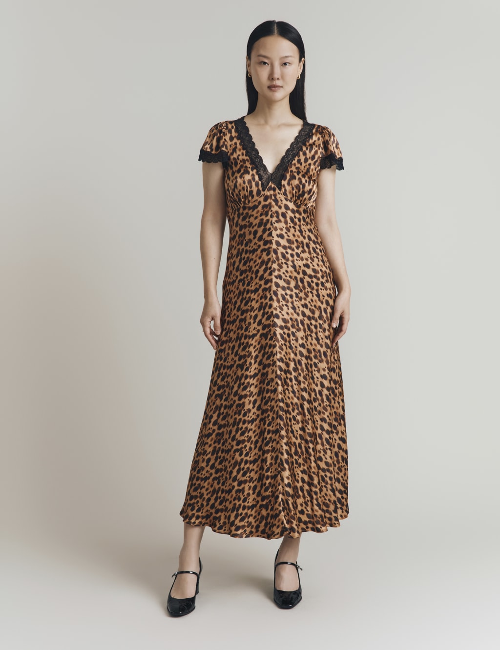 Satin Animal Print V-Neck Midi Skater Dress 3 of 4