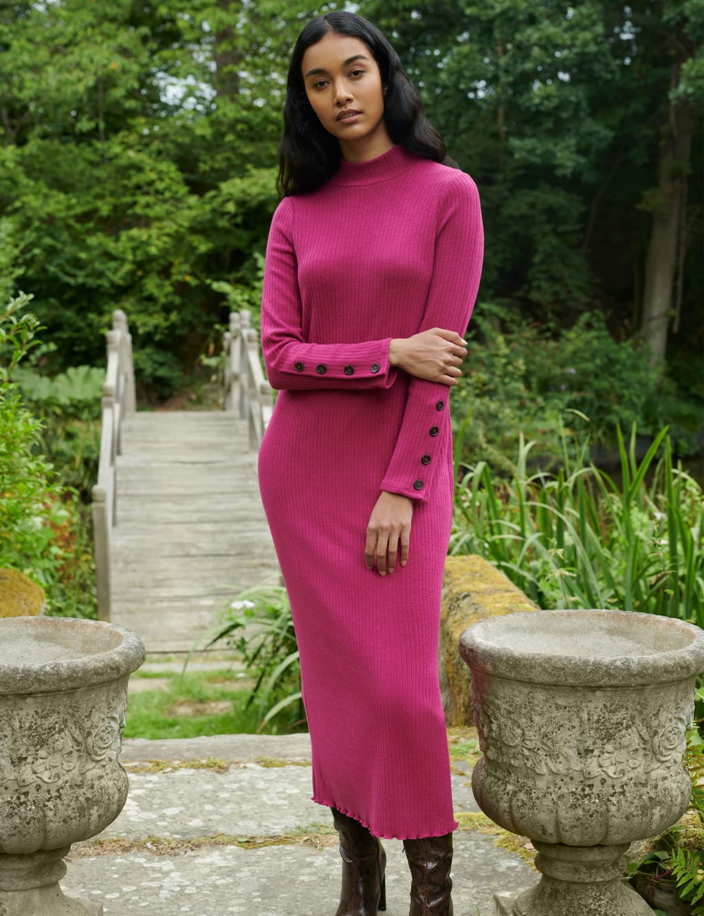 Ribbed High Neck Midi Column Dress