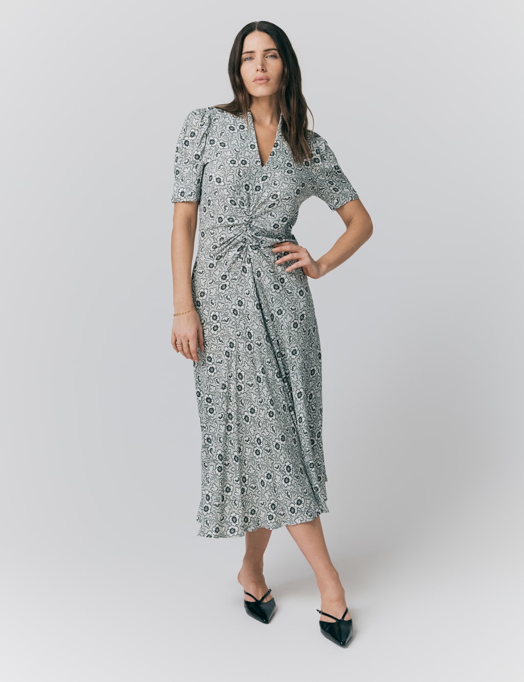 Crepe Floral V-Neck Midi Tea Dress 1 of 4