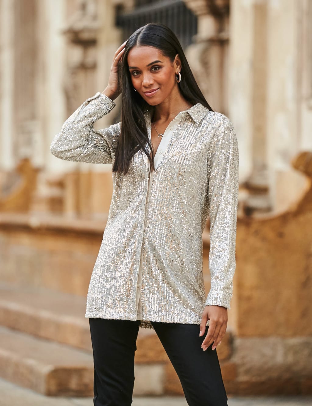 Sparkly Collared Long Sleeve Shirt SOSANDAR M S