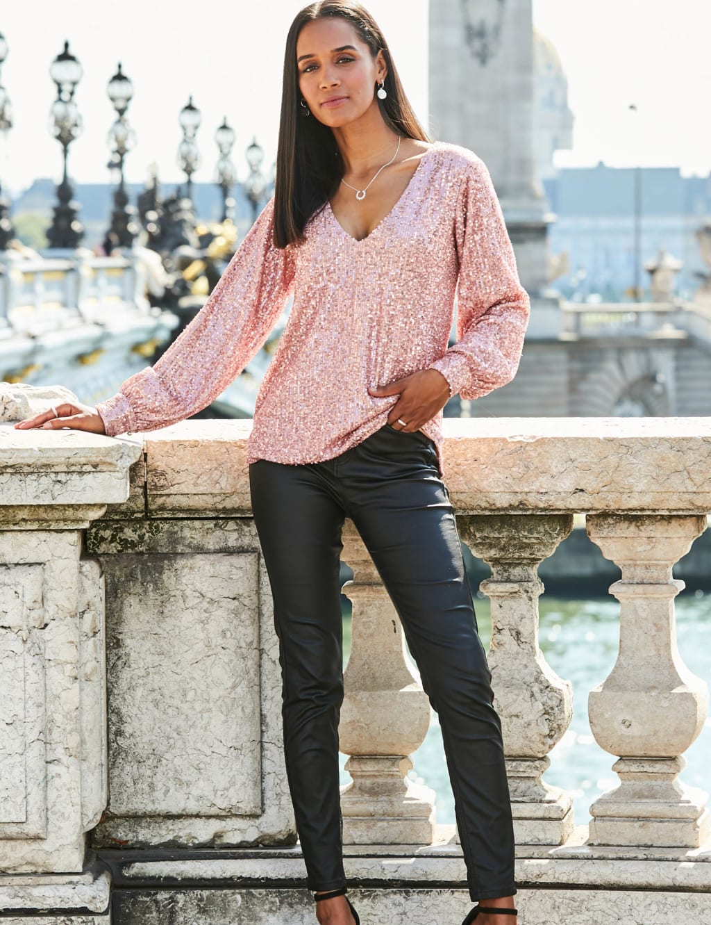 Sequin V-Neck Blouson Sleeve Top 3 of 6